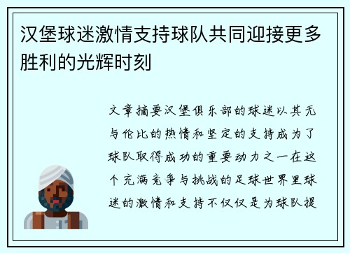 汉堡球迷激情支持球队共同迎接更多胜利的光辉时刻