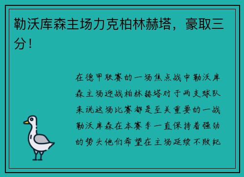 勒沃库森主场力克柏林赫塔，豪取三分！