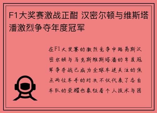 F1大奖赛激战正酣 汉密尔顿与维斯塔潘激烈争夺年度冠军